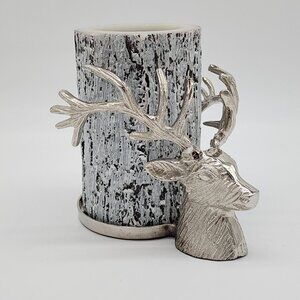 Pottery Barn Silver Reindeer Head Pilar Candle Holder With Battery Faux Log Vint